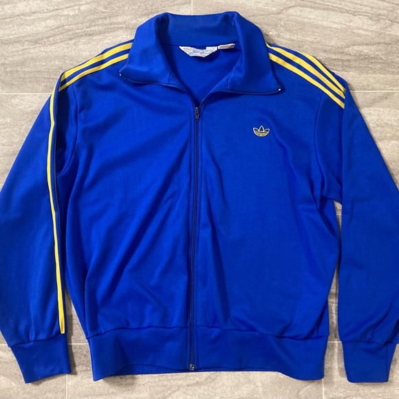 Vintage 1970s/80s Adidas Track Suit Top Royal Blue Jacket Yellow Stripes SZ L - Picture 1 of 8